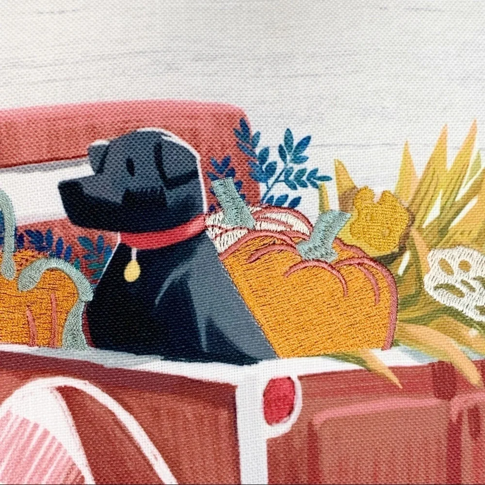 Red Harvest Fall Truck Black LabEmbroidered Pillow